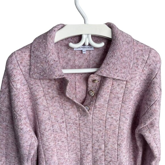 SAN FRANSISCO Like New Light Pink Sweater Pearl-Like Buttons Kangaroo Pocket Med - Picture 3 of 16